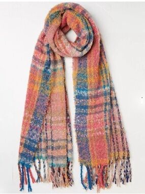 FATFACE Polly Check Scarf  Multicolor plaid scarf with fringe